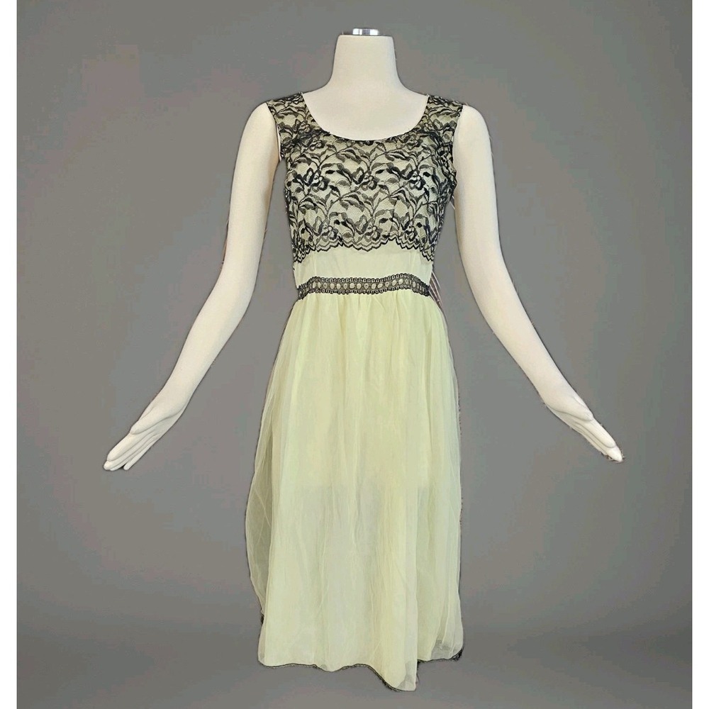 Vintage 1960s Lingerie Nightgown Slip Dress Yellow‎ Black Lace Trim Retro Pinup